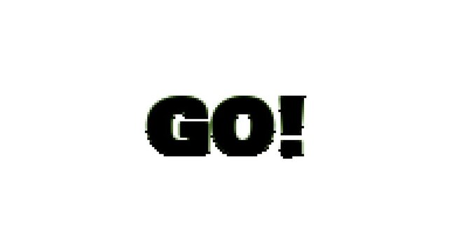 Pixel Art Go! Text in Black Retro Style Glitchy Screen Animation on white Background. For video game, pause screens, retro-inspired edits, and pixel style motion, pixel style motion graphics