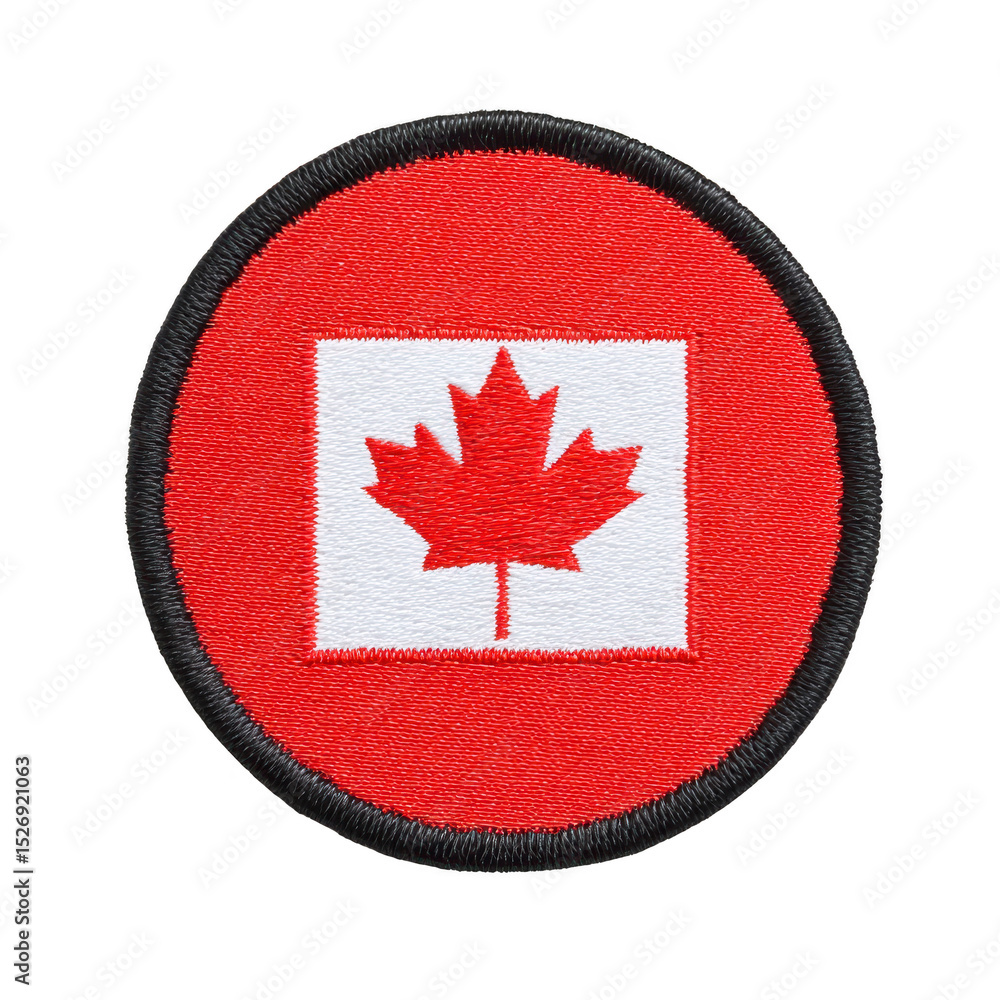 Poster this shows circular patch featuring canadian flag with red maple leaf on transparency background, su