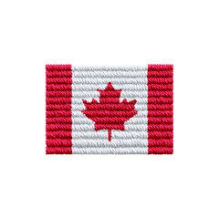 Rectangular patch features Canadian flag design with red maple leaf centered on transparency background, flanked by red vertical stripes. texture resembles embroidery