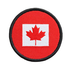 This shows circular patch featuring Canadian flag with red maple leaf on transparency background, surrounded by red border. patch is embroidered and has black edge