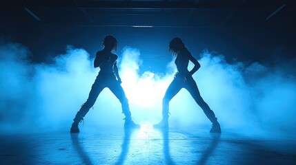 Two female dancers in dynamic poses, silhouetted against blue light and smoke