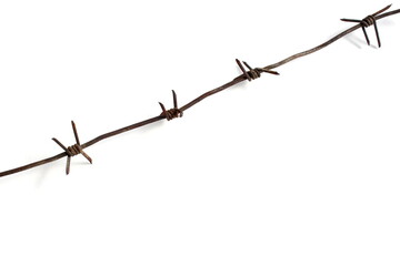 Barbed wire lies on a white background.	