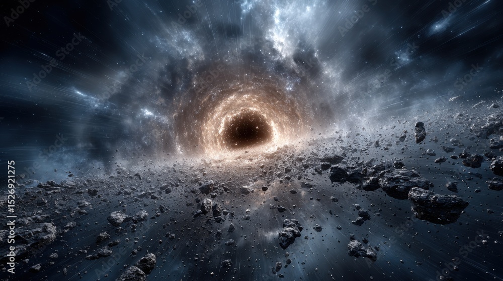 Poster a vast vortex in deep space showcases swirling energy and countless asteroids. the mesmerizing sight