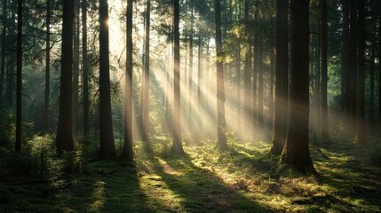 Fototapeta premium A photostock images of a forest with sunlight streaming through the trees