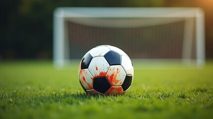 Soccer ball with red stains rests on grass near goalpost.