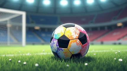 A vibrant soccer ball rests on a verdant stadium field under a vast, well-lit roof.