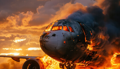 Plane is on fire and the sky is orange. The plane is in the middle of the fire and the flames are shooting out of the side
