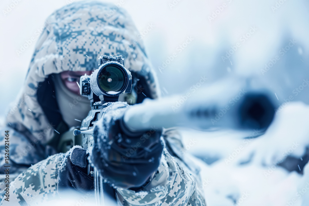 Poster man in camouflage gear is holding a rifle and looking through a scope. the scene is set in a snowy e