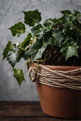 Ivy in a pot, light photo and interior in boho style, twine, close-up, professional photo, stock photography