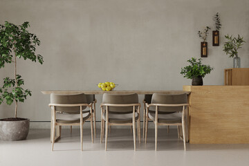 The dining room has a lovely table, chairs, and an elegant plant