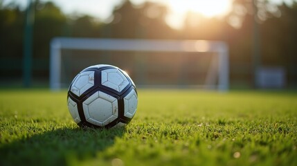 Soccer ball on field with goalpost.