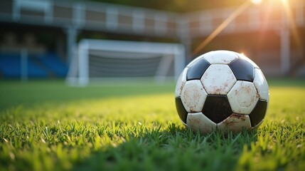A soccer ball on grass, shadows of stadium in background, sunset.