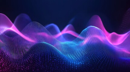 Obraz premium A vibrant soundwave visualization showcasing flowing lines in blue, purple, and pink against a dark background, representing audio or digital signals.