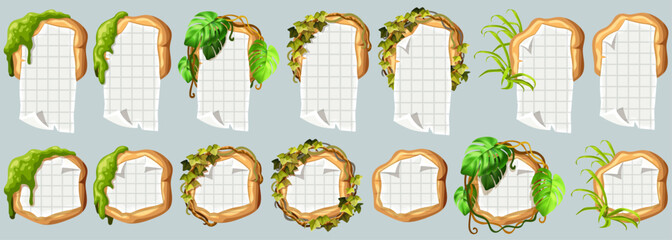 Wooden signboards with old paper, stems ivy, liana, grapes, vine, swamp moss, forest lichen. Set isolated wooden elements with blank, with ragged square graph paper, school math sheet. 