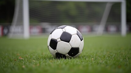 A classic soccer ball lies on the grassy field, near the goalpost.