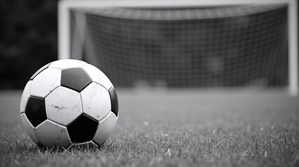 Black and white soccer ball on grass field.