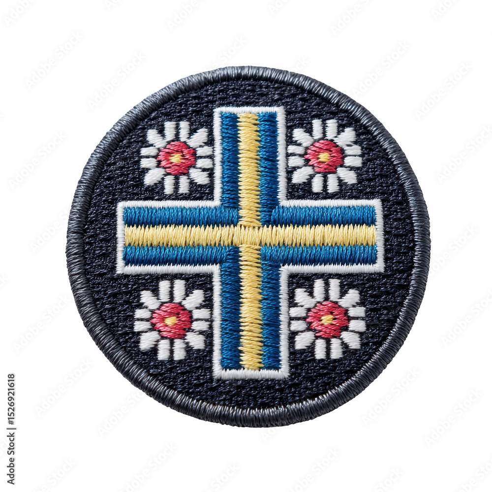 Poster this shows circular embroidered patch featuring blue and yellow cross with white flowers and red cen