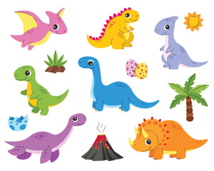 Cute baby dinosaurs. Marine, predatory, herbivorous and flying dinosaurs, dinosaur eggs and palm tree. Vector illustration. © Mayartlab