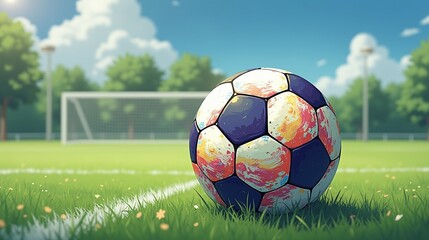 A vibrant soccer ball rests on a lush, sunlit grass field.