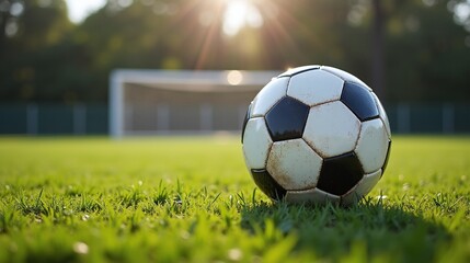 A soccer ball on lush green grass, with golden sunlight.