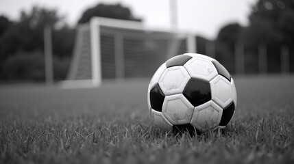 A soccer ball on grass in front of a blurred goalpost.
