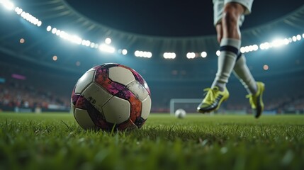 A soccer ball on grass, lights in the background.