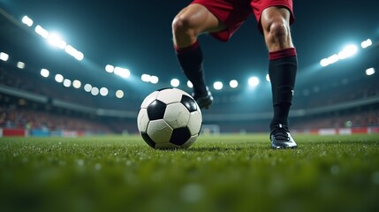 Soccer player in action on illuminated stadium field.