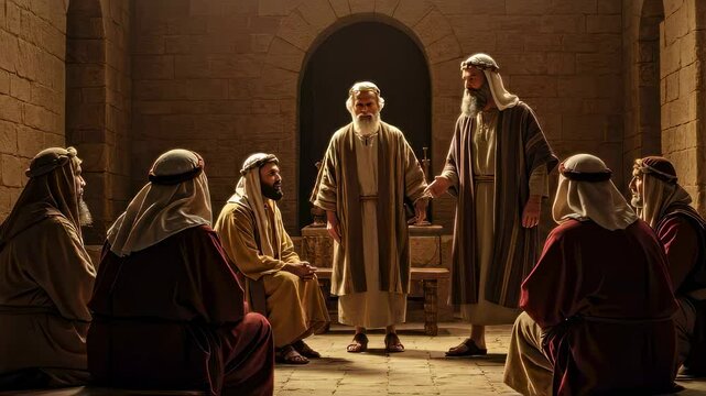 Men in ancient robes discuss a religious topic in a historical setting, biblical storytelling concept, footage.