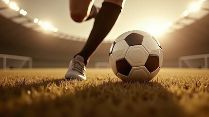 A soccer player's foot poised over a ball on a grassy field.