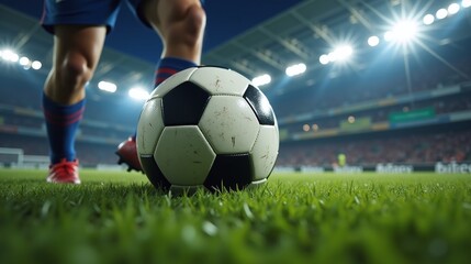 Soccer player's feet in motion near a ball on the field.