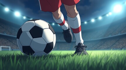 A soccer player's poised foot meets the ball on the lush green field.