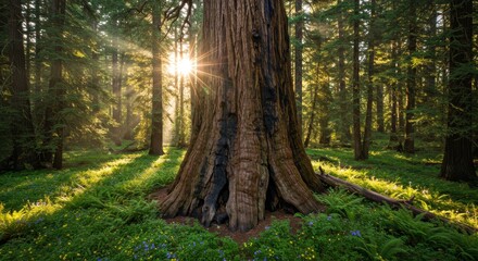 Obraz premium Ancient Redwood Sunrise - Majestic redwood tree bathed in golden sunlight, symbolizing strength, longevity, nature's resilience, tranquility, and the passage of time