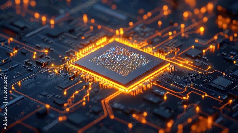 Poster glowing ai processor embedded in advanced circuit board, highlighting technological innovation, mach