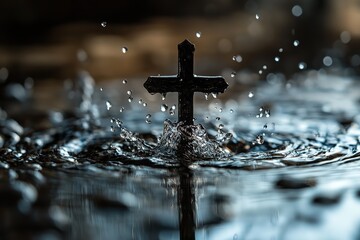 Dark cross in water splash a symbolic image of faith and baptism