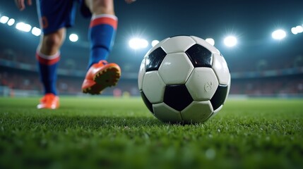 A soccer ball on the grass of a professional field with stadium lights in the background.