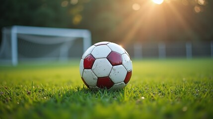 A vibrant soccer ball rests on verdant grass, bathed in the warm glow of a descending sun.