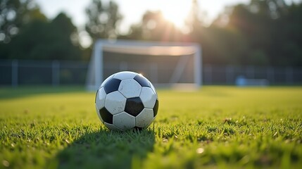 A serene, sunlit soccer field with a ball and goalpost in the distance.