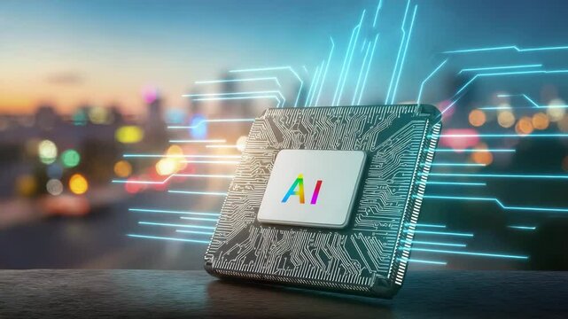 A chip with the logo of "AI" on it, circuit board lines, and data flowing around it. In front is an AI concept illustration, set against a blurred cityscape background.