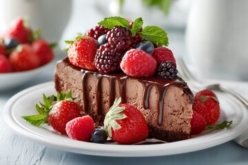 Delicious chocolate cheesecake with fresh berries and mint garnish