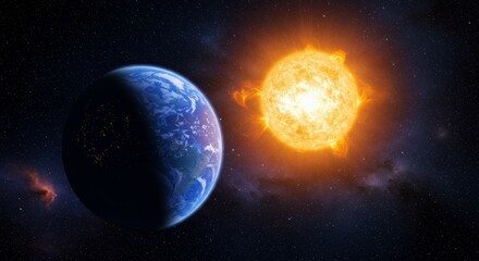 Fototapeta premium Earth And Sun In Space Cosmic Scene - A stunning cosmic scene featuring Earth and the Sun, symbolizing life, energy, power, balance, and the universe's vastness
