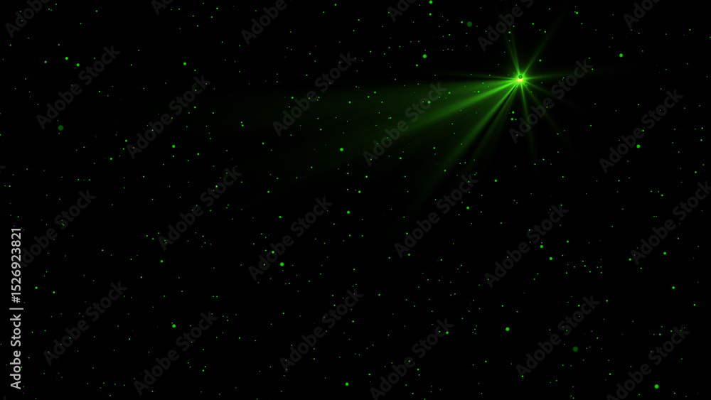 Poster green starburst in dark space with small green particles scattered throughout the frame creating a c
