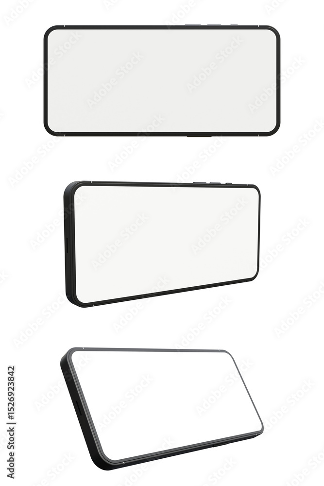 Poster set of horizontal smartphone with blank screen mock up. front and perspective view of black smartpho