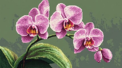 Orchid cross stitch on green canvas - Pixel art pattern