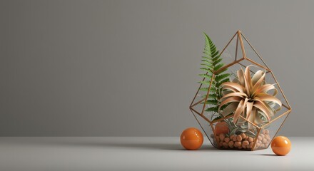 Geometric Terrarium with Plants and Oranges - Modern minimalist still life featuring a geometric glass terrarium containing air plants, a fern, and decorative stones