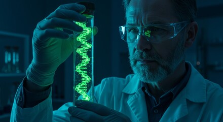 Genetic Research Scientist Studying DNA - A scientist examines a glowing green DNA strand in a test tube, engrossed in genetic research