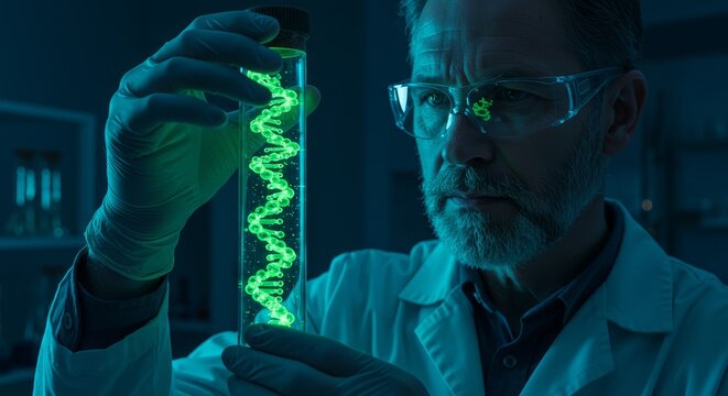 Genetic Research Scientist Studying DNA - A scientist examines a glowing green DNA strand in a test tube, engrossed in genetic research