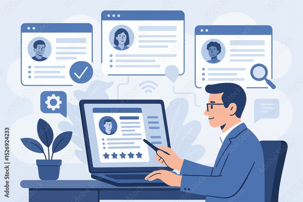 Poster a business professional analyzing user feedback and reviews on a laptop while navigating an online p
