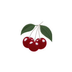 Obraz premium Three vibrant red cherries with green leaves are depicted in detailed embroidery style, showcasing realistic and artistic design on transparency background