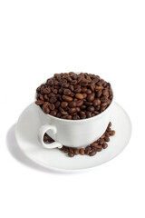 On a white background there is a white cup with black coffee in the form of a grain.	