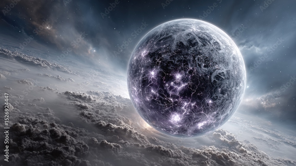 Poster a large glowing sphere radiates light while floating among dense clouds in the vastness of space. th